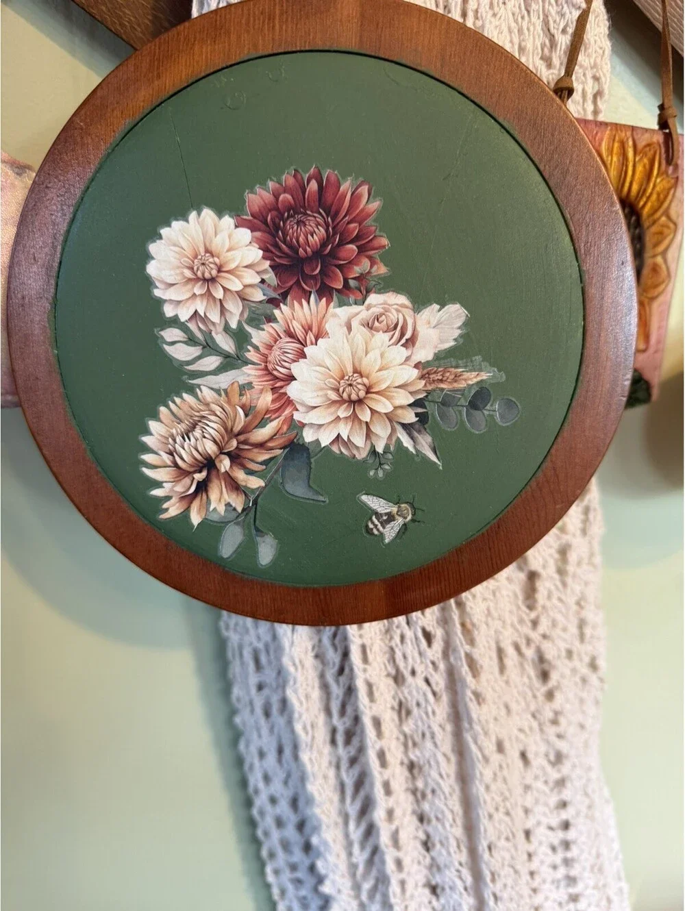 Vintage Green Floral Wood & Ceramic Trivet, Tile Top, cottagecore